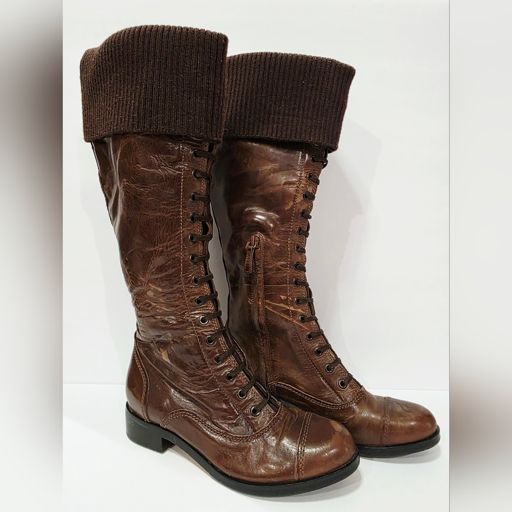 Cole Haan WHITLEY D35367 Brown Leather Knit Boot Knee High Air Zip 6.5 B New